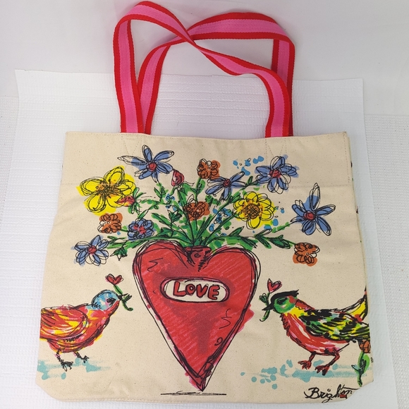 BRIGHTON Love Tweet Canvas Large Tote Bag Birds Hearts Butterflys Shoulder Carry - Picture 4 of 12